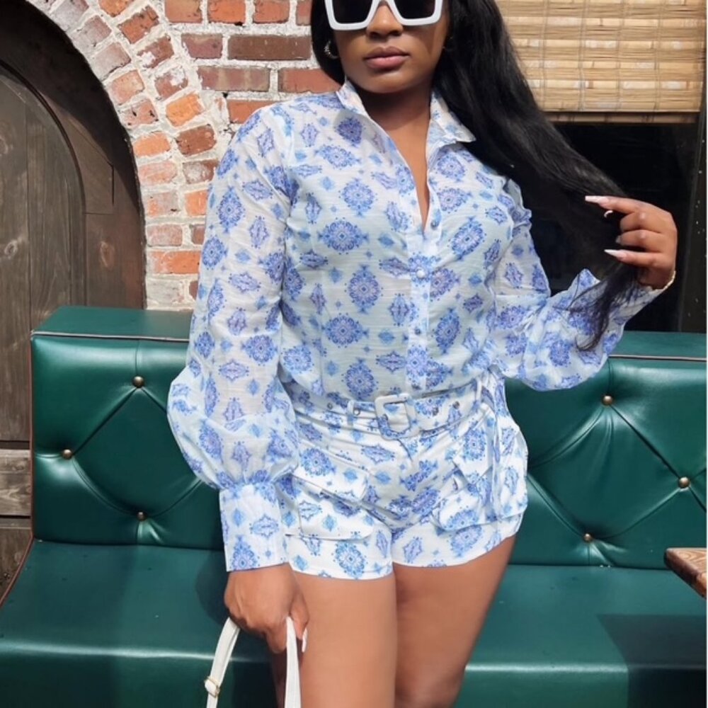 Blue & White Long Sleeve Sheer Blouse and Belted Shorts Set
